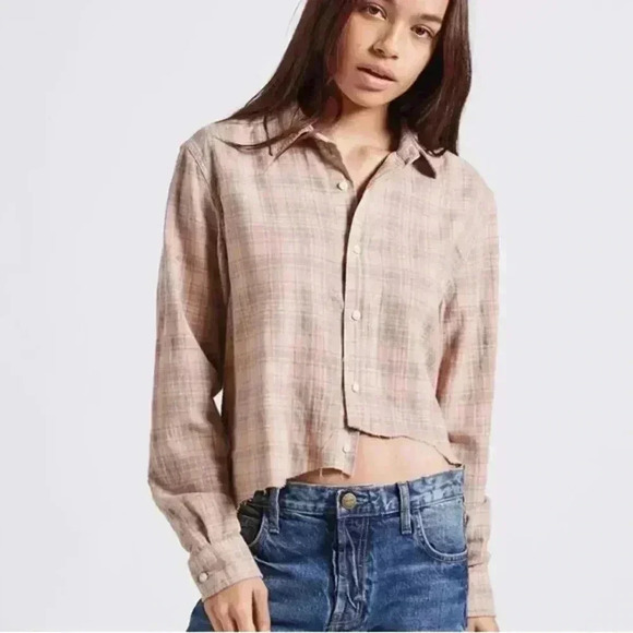 Current/Elliott Mell Painter Plaid Raw Hem Cropped Button Down Shirt 0 XS EUC - Picture 1 of 3